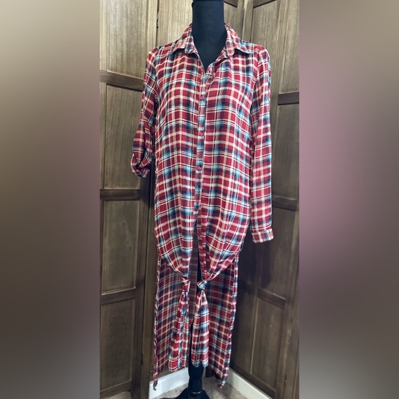 Very J Tops - Very J Red and Blue Plaid Maxi Tunic.